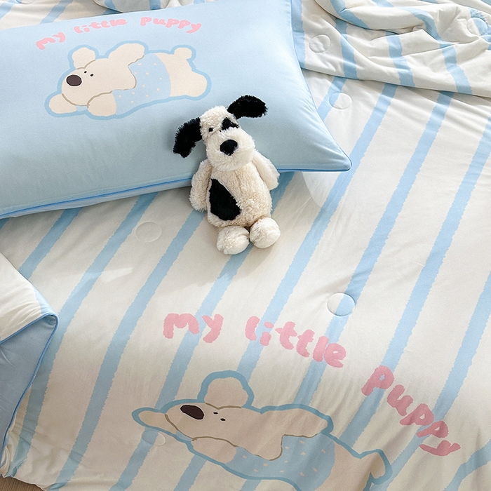 91家纺网 家纺一手货源 找家纺 星期八 2024新款针织棉夏被四件套 坚条狗狗蓝