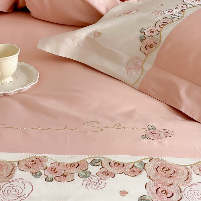 91家纺网 家纺一手货源 找家纺 2024新款100支全棉四件套-玫瑰物语 初夏粉