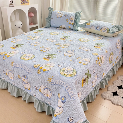 纽缦家纺 2024水洗双层纱加厚加棉韩版床盖 蓝小鸭