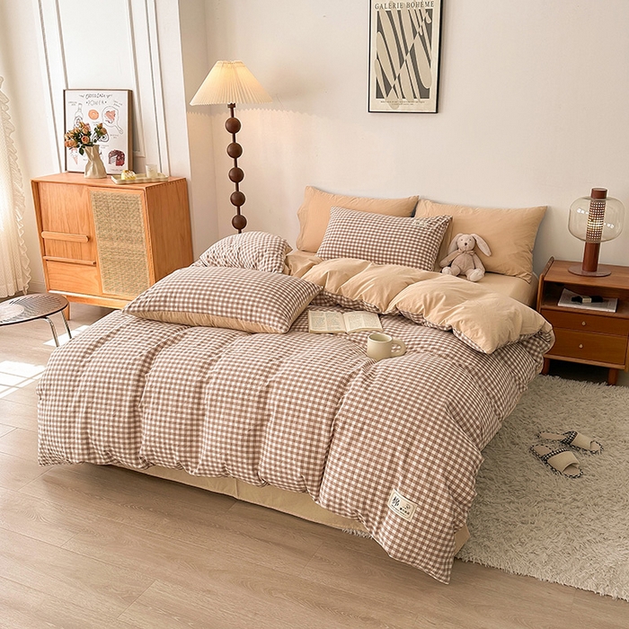 91家纺网 家纺一手货源 找家纺 恋人优选 2024 A类纯棉水洗棉四件套被套(AB版) 米小格+米色