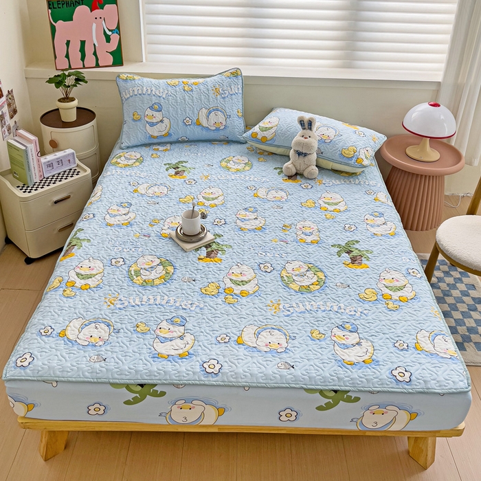 91家纺网 家纺一手货源 找家纺 纽缦家纺 水洗双层纱加厚加棉床笠-床垫保护套 蓝小鸭