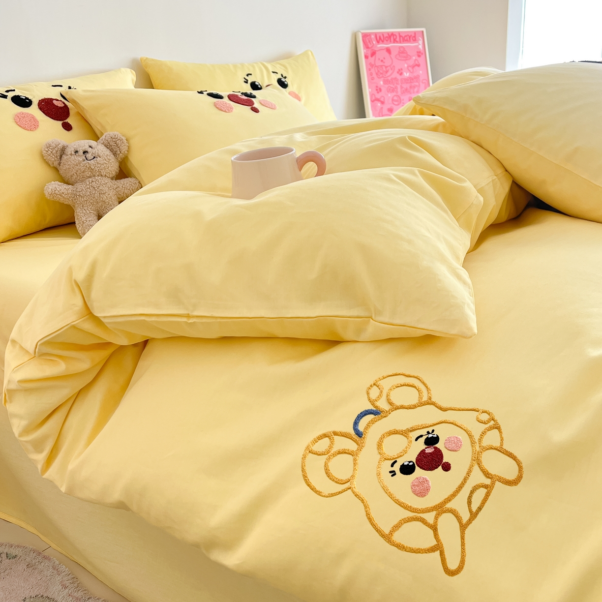 91家纺网 家纺一手货源 找家纺 琪格格2024新款纯棉毛巾绣四件套 调皮芝士奶黄