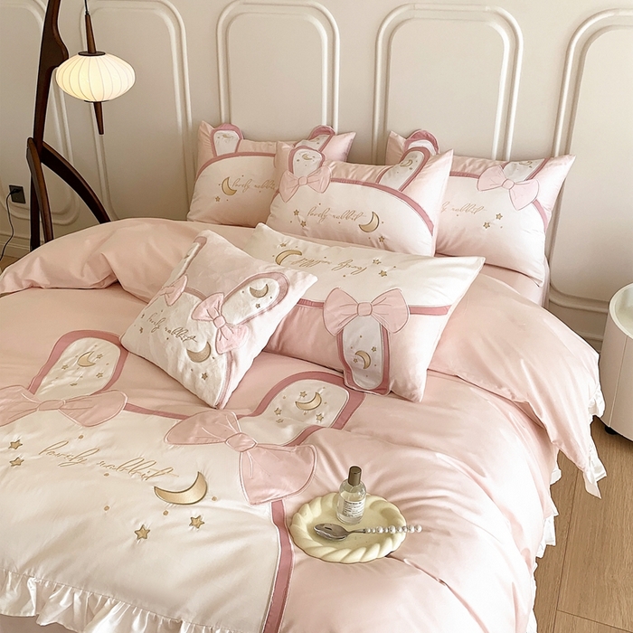 91家纺网 家纺一手货源 找家纺 馨蕊家居 2024新款100支全棉四件套-彩虹兔 彩虹兔-粉