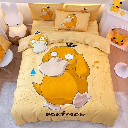 91家纺网 家纺一手货源 找家纺 卧趣 2024新款宝可梦正版授权全棉印花四件套 呆萌可达鸭