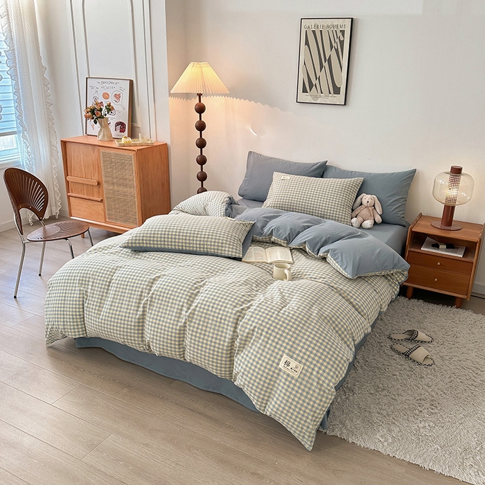 91家纺网 家纺一手货源 找家纺 恋人优选 2024 A类纯棉水洗棉四件套被套(AB版) 蓝黄小格