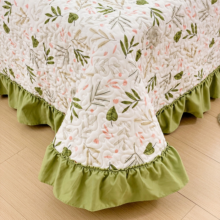 91家纺网 家纺一手货源 找家纺 纽缦家纺 2024水洗双层纱加厚加棉韩版床盖 香草薄荷