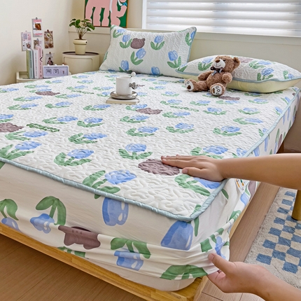 纽缦家纺 水洗双层纱加厚加棉床笠-床垫保护套 蓝海玫瑰