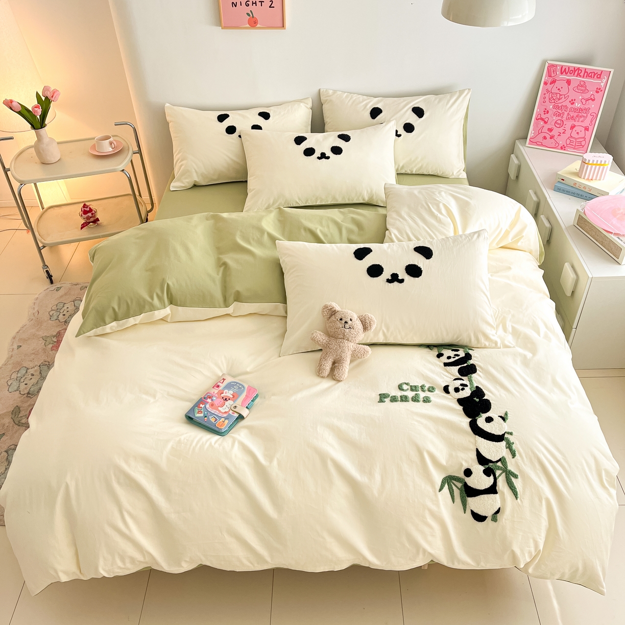 91家纺网 家纺一手货源 找家纺 琪格格2024新款纯棉毛巾绣四件套 熊猫爬树