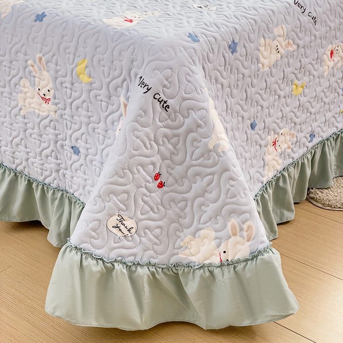 91家纺网 家纺一手货源 找家纺 纽缦家纺 2024水洗双层纱加厚加棉韩版床盖 嗨皮兔