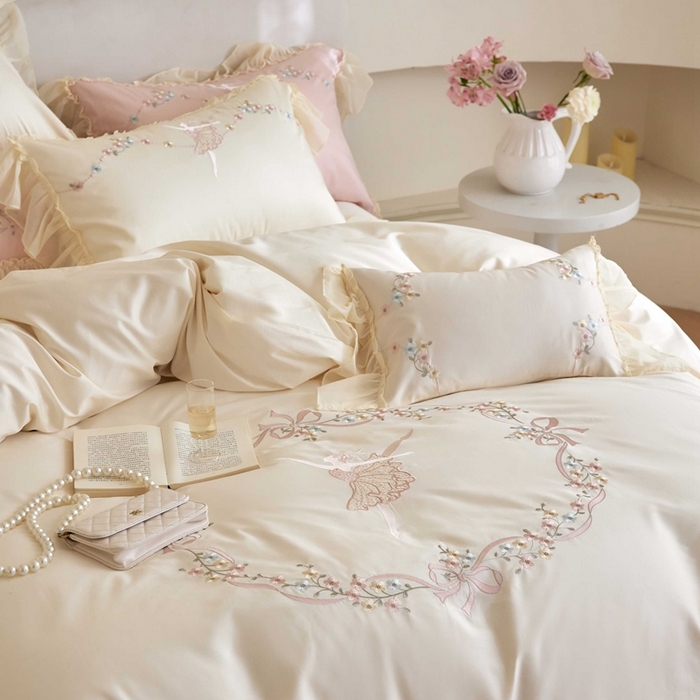 91家纺网 家纺一手货源 找家纺 嘉汀兰2024新款100S澳棉双股贡缎刺绣长绒棉六件套 奶白色