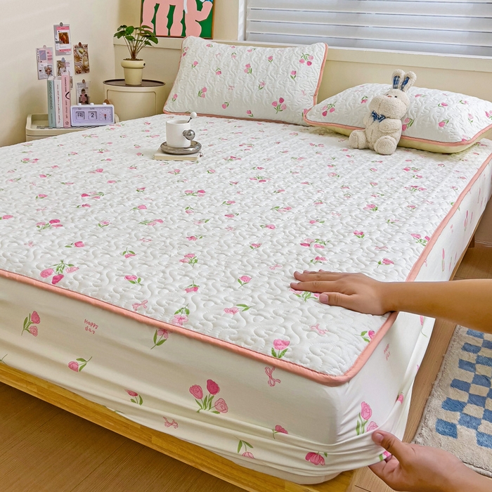 91家纺网 家纺一手货源 找家纺 纽缦家纺 水洗双层纱加厚加棉床笠-床垫保护套 甜酥少女