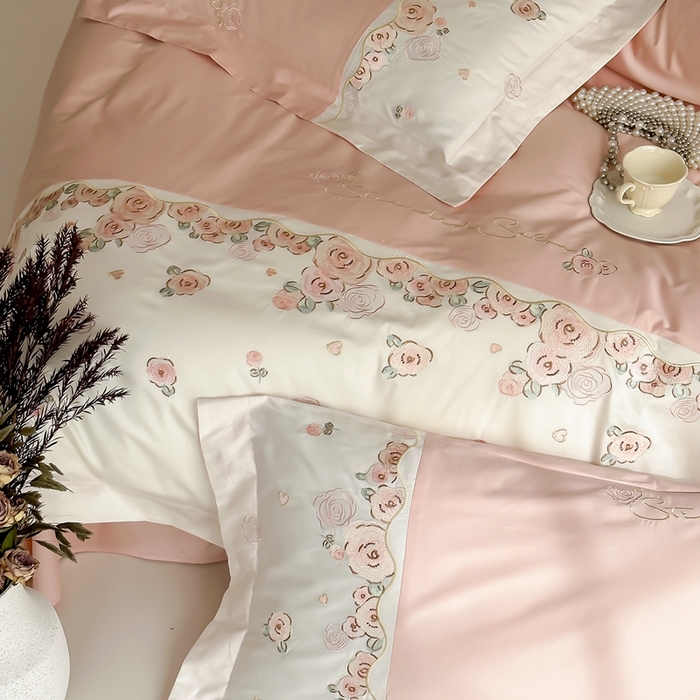 91家纺网 家纺一手货源 找家纺 2024新款100支全棉四件套-玫瑰物语 初夏粉