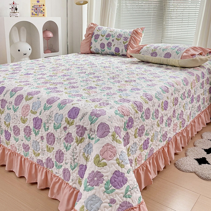 91家纺网 家纺一手货源 找家纺 纽缦家纺 2024水洗双层纱加厚加棉韩版床盖 素颜捧花