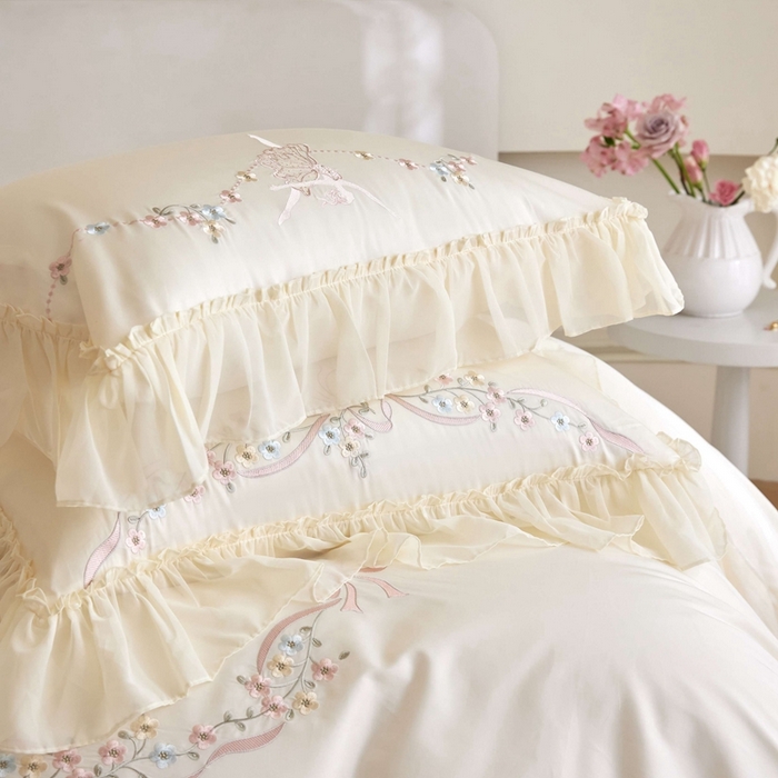 91家纺网 家纺一手货源 找家纺 嘉汀兰2024新款100S澳棉双股贡缎刺绣长绒棉六件套 奶白色