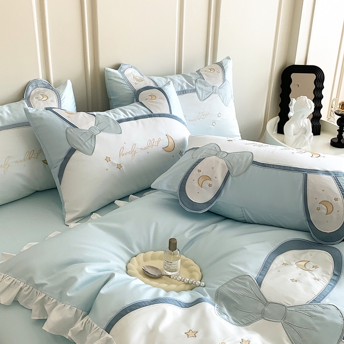 91家纺网 家纺一手货源 找家纺 馨蕊家居 2024新款100支全棉四件套-彩虹兔 彩虹兔-蓝