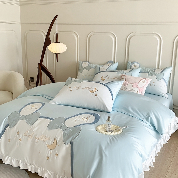 91家纺网 家纺一手货源 找家纺 馨蕊家居 2024新款100支全棉四件套-彩虹兔 彩虹兔-蓝