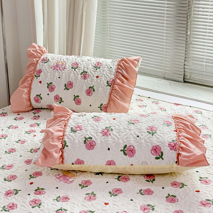 91家纺网 家纺一手货源 找家纺 纽缦家纺 2024水洗双层纱加厚加棉韩版床盖 曼塔玫瑰