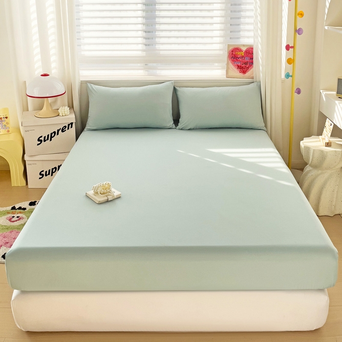 91家纺网 家纺一手货源 找家纺 纽缦家纺 2024素色无印风云朵棉单床笠 纯色天蓝