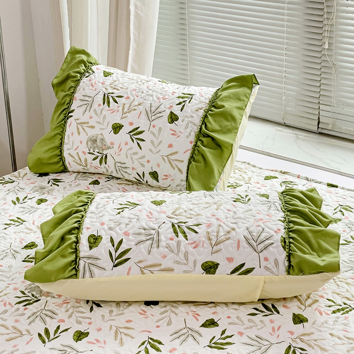 91家纺网 家纺一手货源 找家纺 纽缦家纺 2024水洗双层纱加厚加棉韩版床盖 香草薄荷