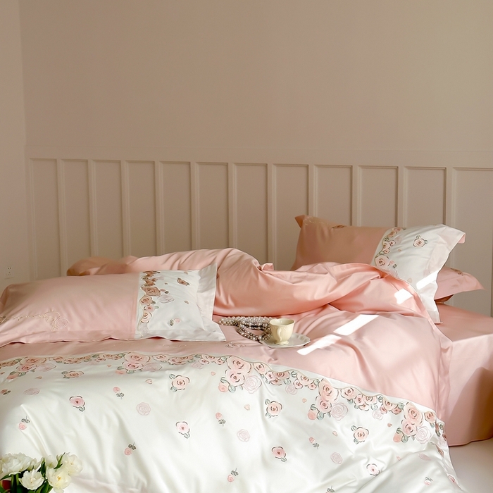 91家纺网 家纺一手货源 找家纺 2024新款100支全棉四件套-玫瑰物语 初夏粉