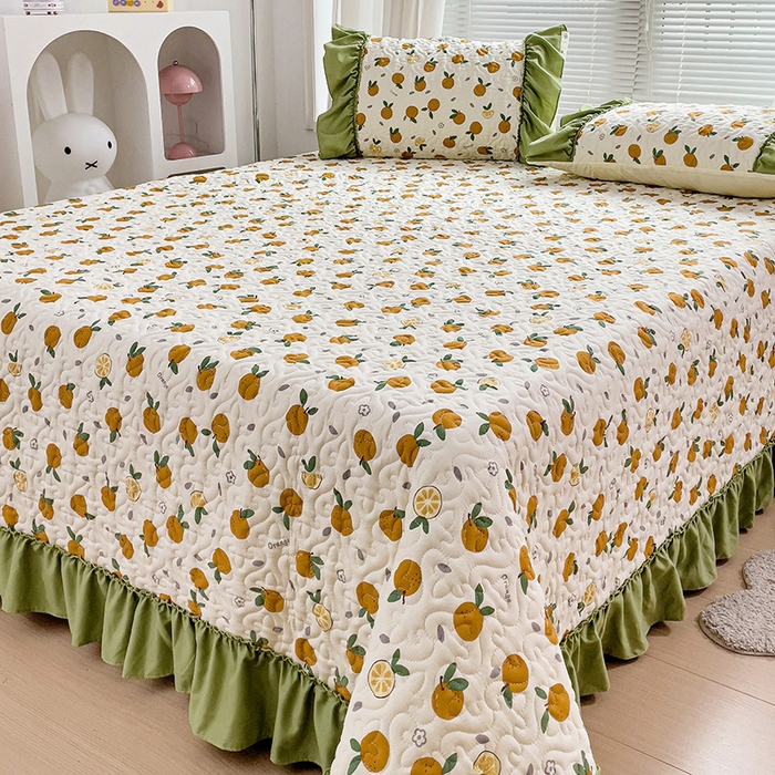 91家纺网 家纺一手货源 找家纺 纽缦家纺 2024水洗双层纱加厚加棉韩版床盖 小橘子