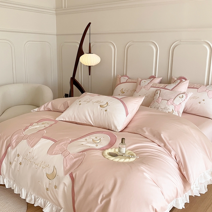 91家纺网 家纺一手货源 找家纺 馨蕊家居 2024新款100支全棉四件套-彩虹兔 彩虹兔-粉