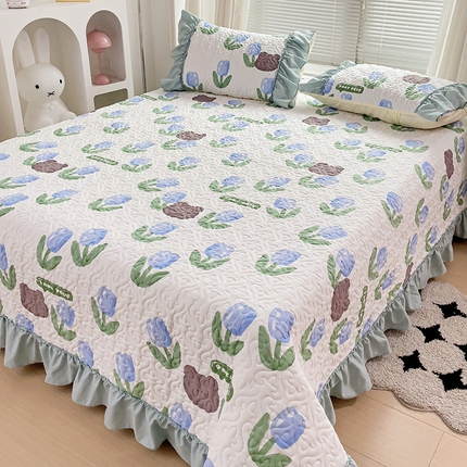 纽缦家纺 2024水洗双层纱加厚加棉韩版床盖 蓝海玫瑰