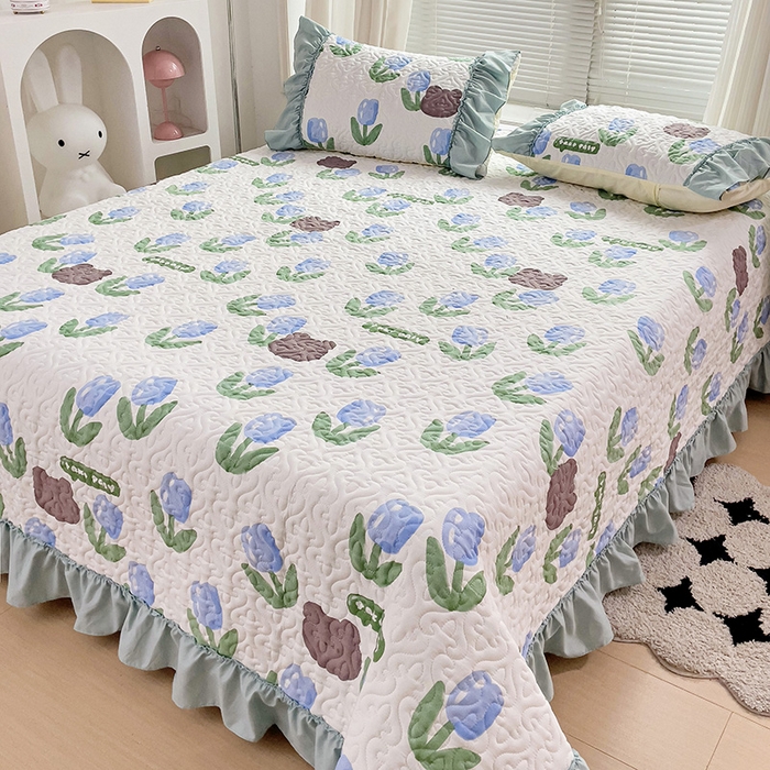 91家纺网 家纺一手货源 找家纺 纽缦家纺 2024水洗双层纱加厚加棉韩版床盖 蓝海玫瑰