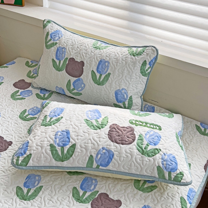 91家纺网 家纺一手货源 找家纺 纽缦家纺 水洗双层纱加厚加棉床笠-床垫保护套 蓝海玫瑰