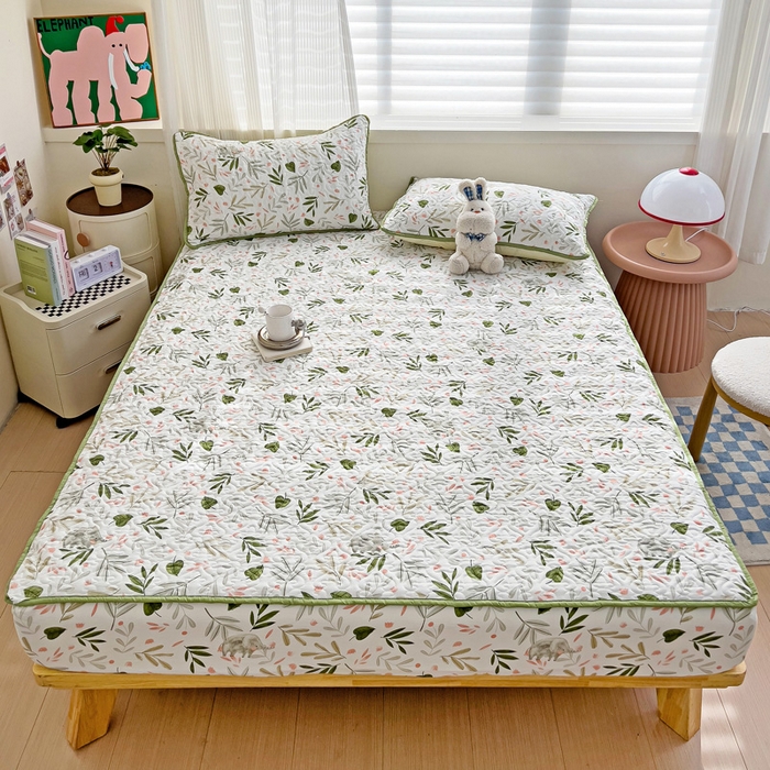 91家纺网 家纺一手货源 找家纺 纽缦家纺 水洗双层纱加厚加棉床笠-床垫保护套 香草薄荷