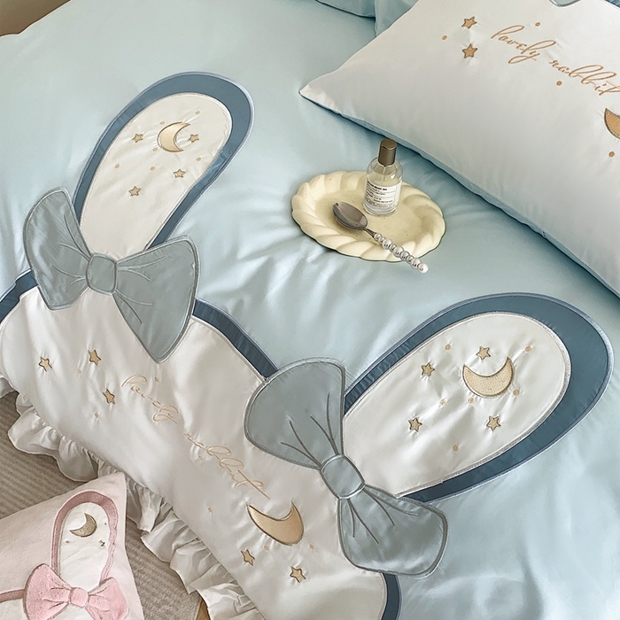 91家纺网 家纺一手货源 找家纺 馨蕊家居 2024新款100支全棉四件套-彩虹兔 彩虹兔-蓝