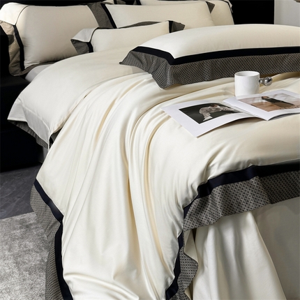 91家纺网 家纺一手货源 找家纺 时亿 2024新款100支长绒棉拼接色织四件套-邂逅 邂逅奶香槟