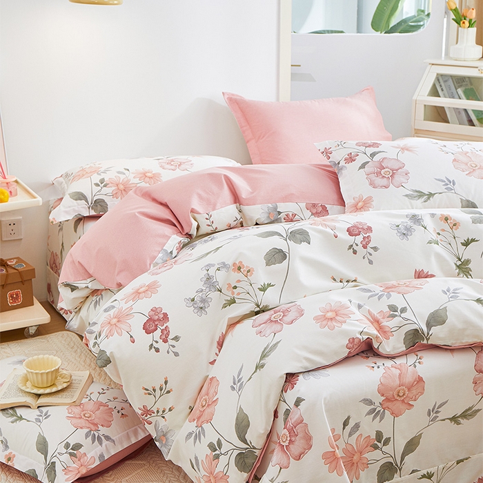 91家纺网 家纺一手货源 找家纺 元元 2024新款小清新全棉四件套系列 -被套夹棉四件套 莫兰朵-粉