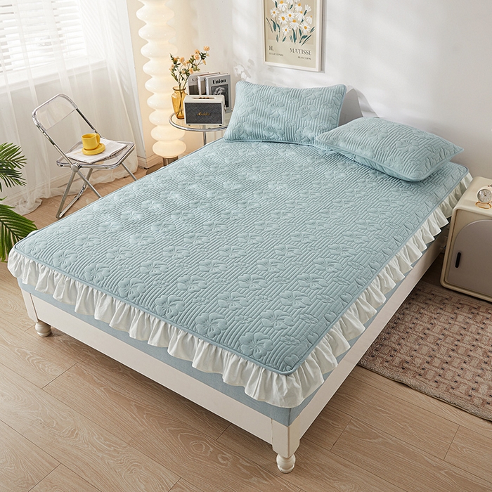 91家纺网 家纺一手货源 找家纺 3C 2024新款全棉大豆夹棉唯美花边床笠 清新兰