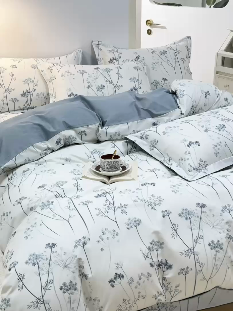 91家纺网 家纺一手货源 找家纺 元元 2024新款小清新全棉四件套系列 -被套夹棉四件套 璀璨-兰