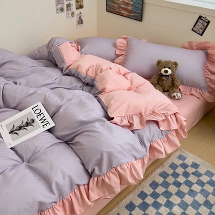 91家纺网 家纺一手货源 找家纺 春光里 2024新款韩版公主风纯色拼接花边款四件套