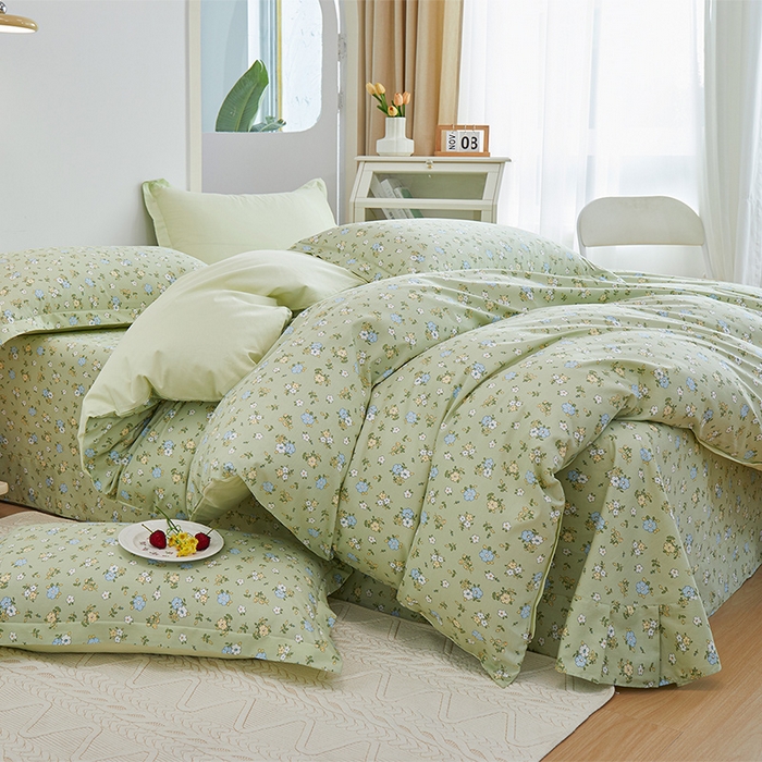 91家纺网 家纺一手货源 找家纺 元元 2024新款小清新全棉四件套系列 -被套夹棉四件套 韩式清新-绿