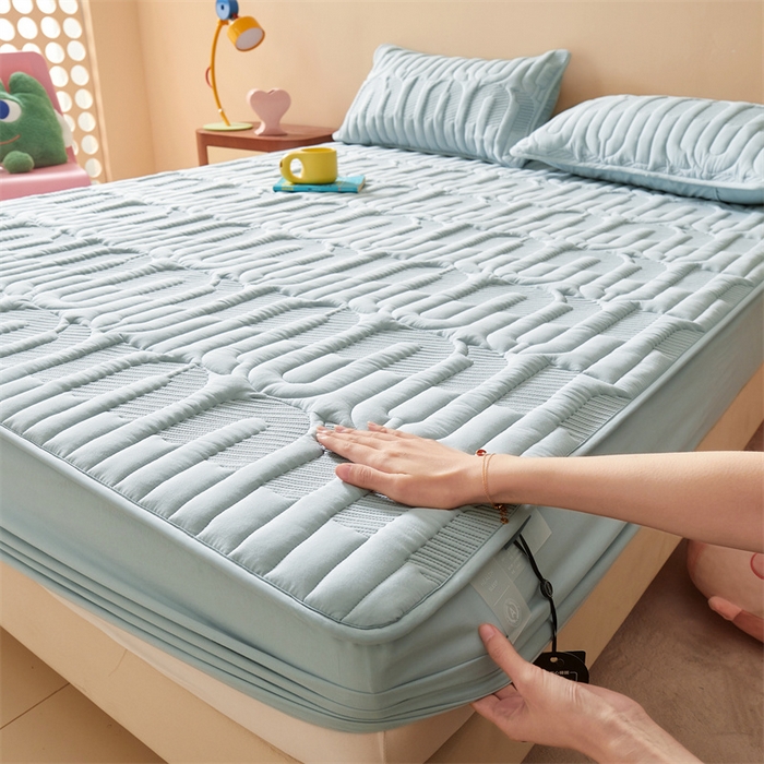 91家纺网 家纺一手货源 找家纺 3C 2024新款miumiu全棉水洗棉床笠 浅蓝色