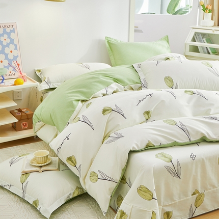 91家纺网 家纺一手货源 找家纺 元元 2024新款小清新全棉四件套系列 -被套夹棉四件套 娇兰-绿