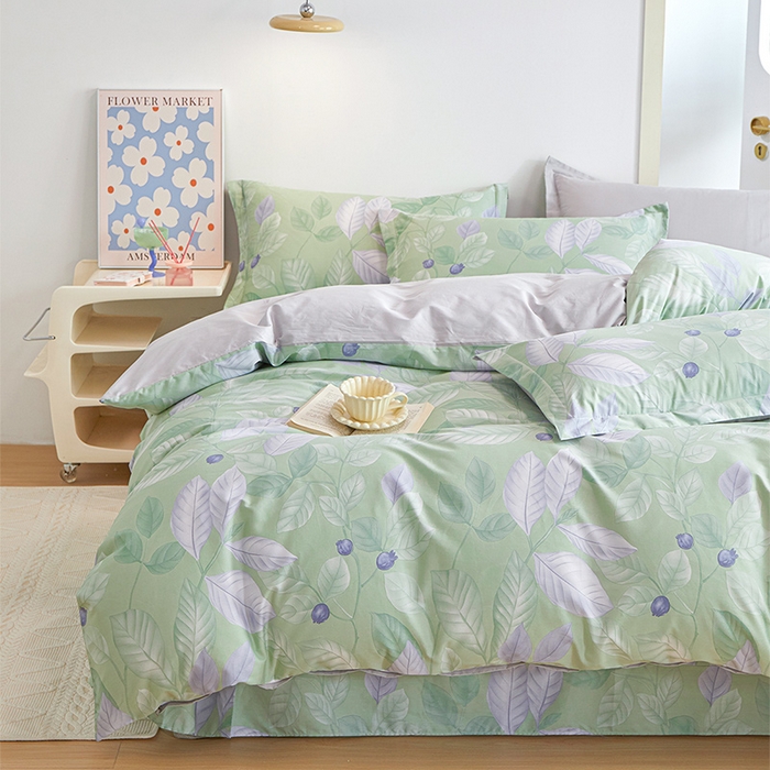 91家纺网 家纺一手货源 找家纺 元元 2024新款小清新全棉四件套系列 -被套夹棉四件套 淡然若尘-绿