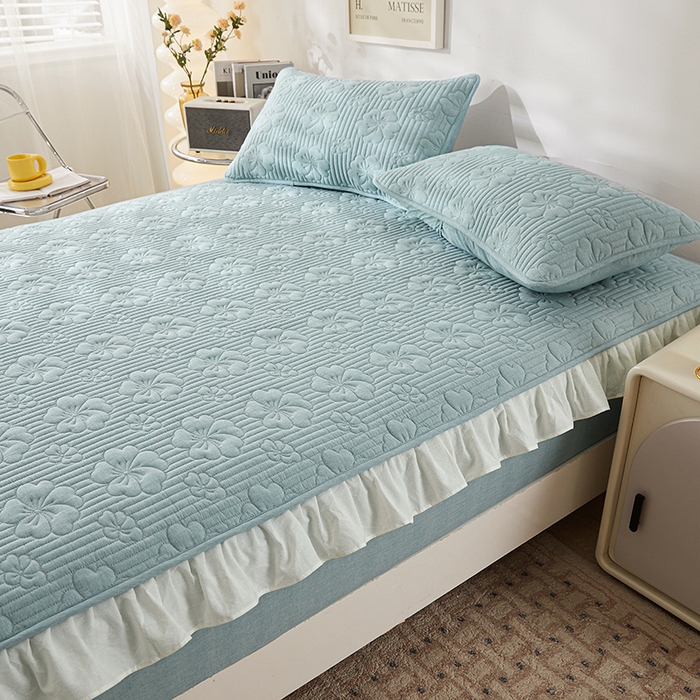 91家纺网 家纺一手货源 找家纺 3C 2024新款全棉大豆夹棉唯美花边床笠 清新兰