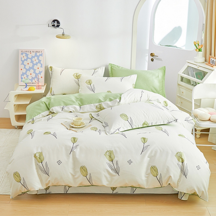 91家纺网 家纺一手货源 找家纺 元元 2024新款小清新全棉四件套系列 -被套夹棉四件套 娇兰-绿