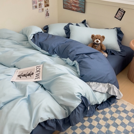 91家纺网 家纺一手货源 找家纺 春光里 2024新款韩版公主风纯色拼接花边款四件套