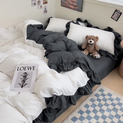 91家纺网 家纺一手货源 找家纺 春光里 2024新款韩版公主风纯色拼接花边款四件套