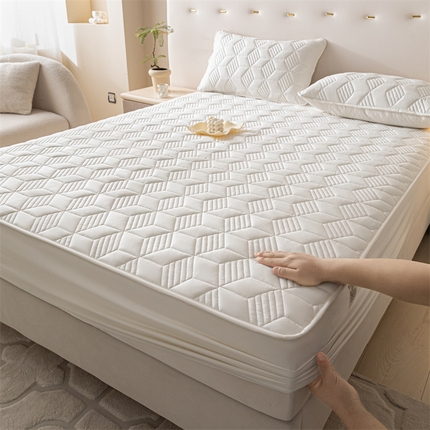 91家纺网 家纺一手货源 找家纺 其奥 2025新款高密全棉夹棉床笠三件套 珍珠白（床笠款）