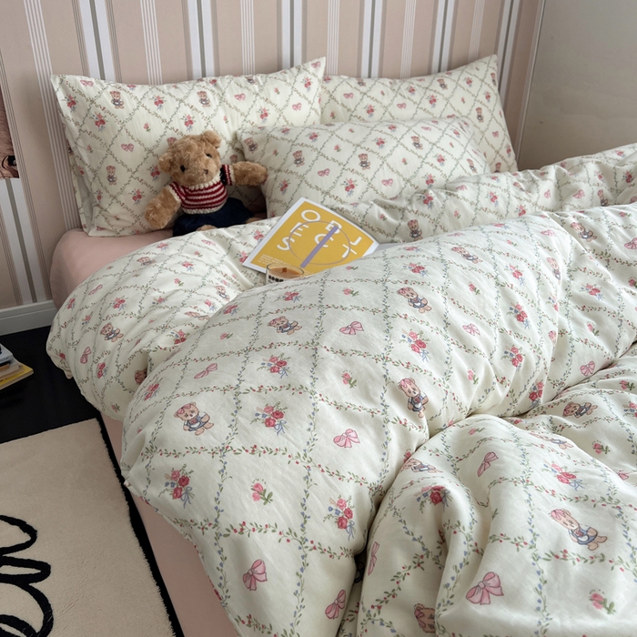 91家纺网 家纺一手货源 找家纺 卧趣2024新款A类全棉有氧双层纱四件套 快乐熊