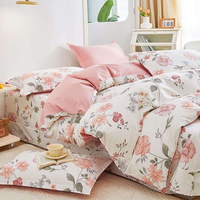 91家纺网 家纺一手货源 找家纺 元元 2024新款小清新全棉四件套系列 莫兰朵-粉