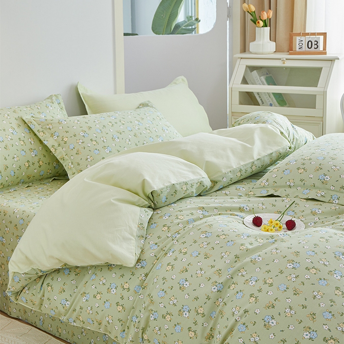 91家纺网 家纺一手货源 找家纺 元元 2024新款小清新全棉四件套系列 -被套夹棉四件套 韩式清新-绿