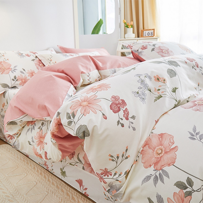 91家纺网 家纺一手货源 找家纺 元元 2024新款小清新全棉四件套系列 -被套夹棉四件套 莫兰朵-粉