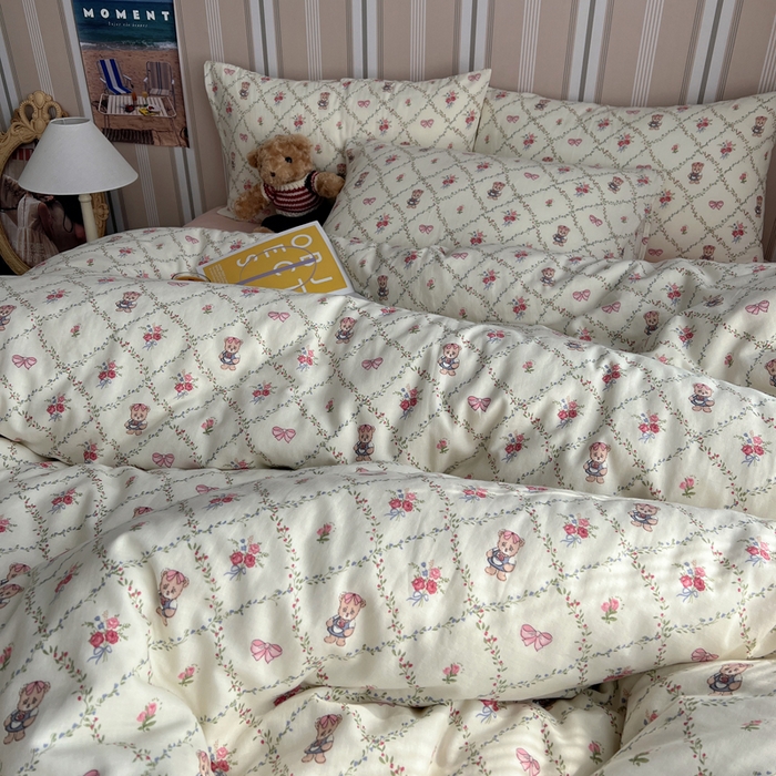 91家纺网 家纺一手货源 找家纺 卧趣2024新款A类全棉有氧双层纱四件套 快乐熊